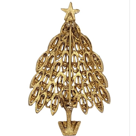 LIA Gold Tone Multi Color Rhinestone Christmas Tree Brooch, Signed K402 - Picture 3 of 7